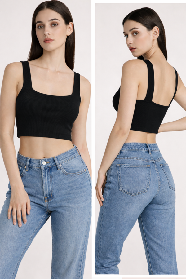 (Black Ribbed Scoop Neck Crop Tank Top