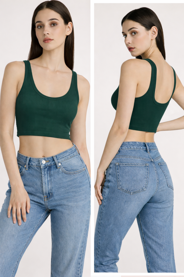 Forest Green Ribbed Crop Tank – Fitted Scoop Neck Essential