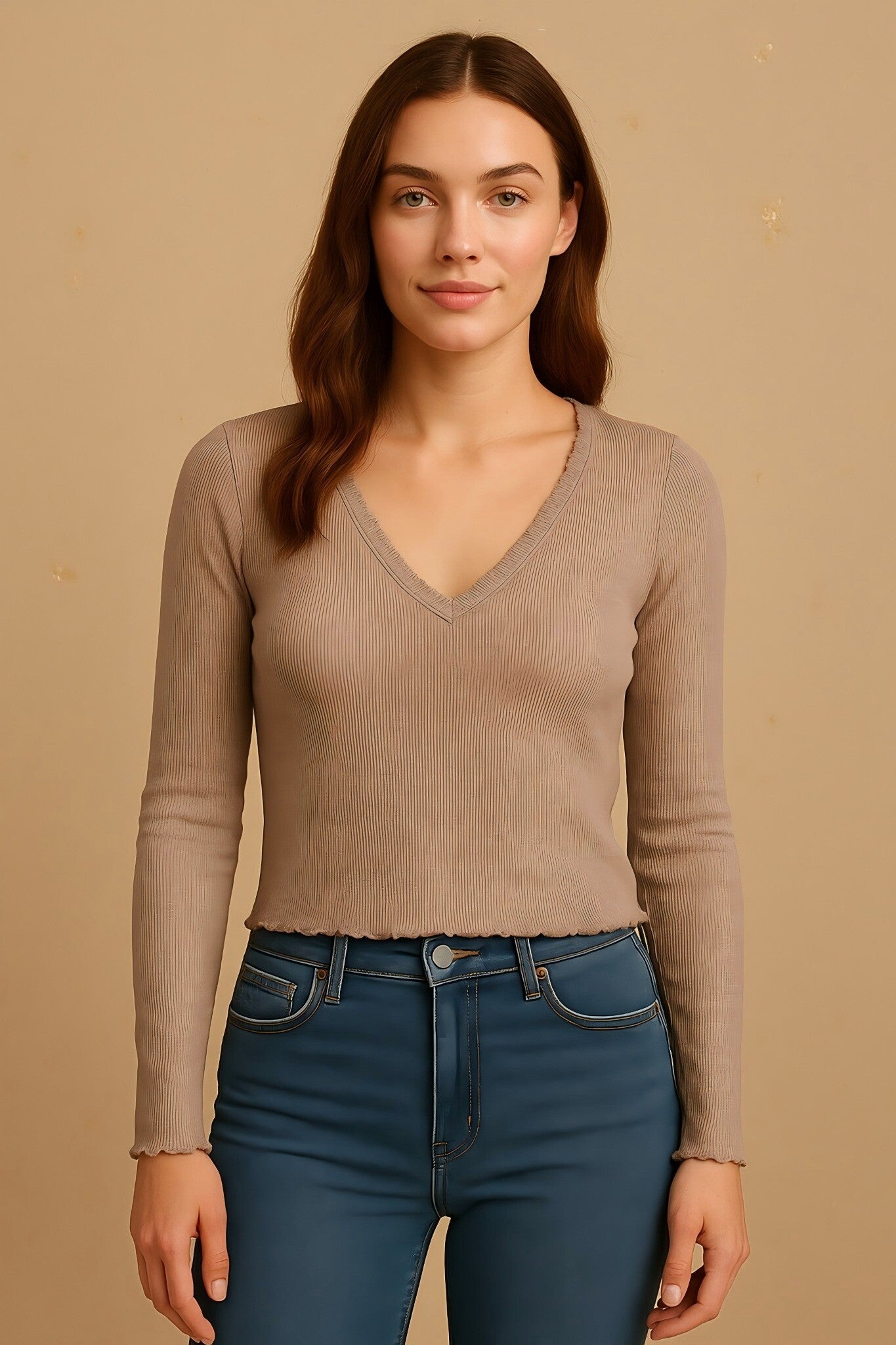 Beige Ribbed V-Neck Long Sleeve Top
