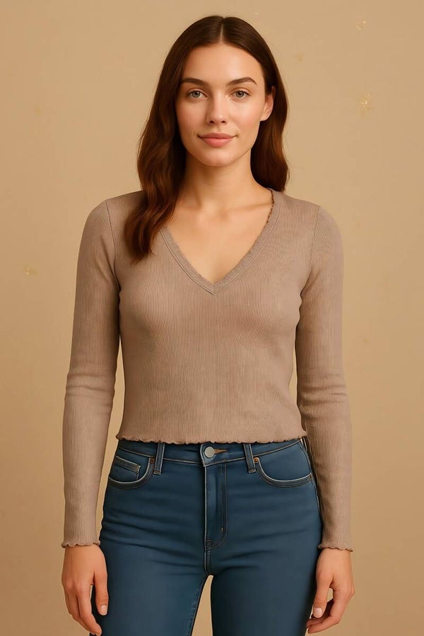Beige Ribbed V-Neck Long Sleeve Top