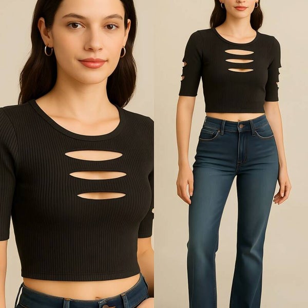 Black Ribbed Cutout Crop Top