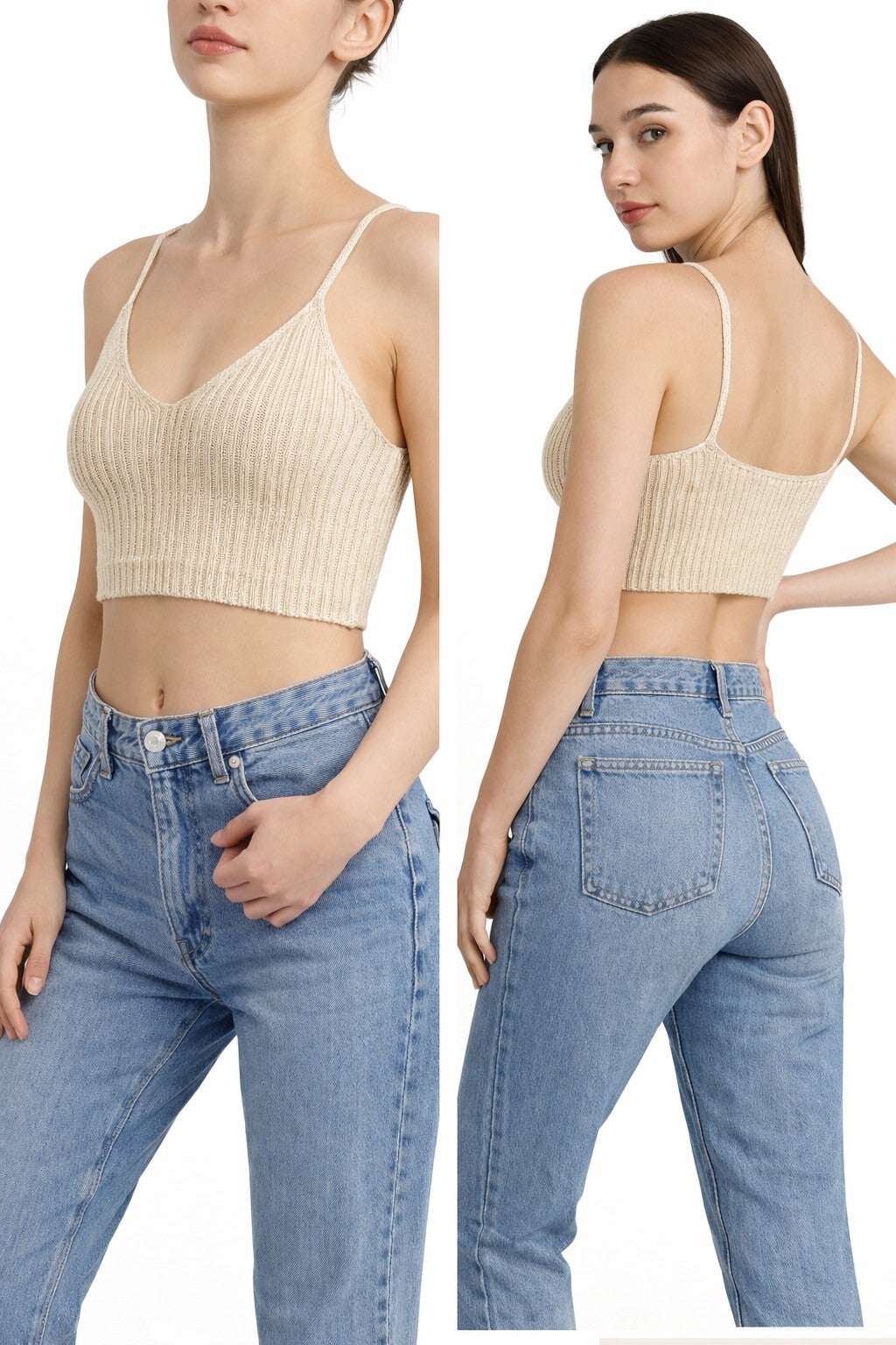 Ribbed Knit Spaghetti Strap Crop Top – Beige