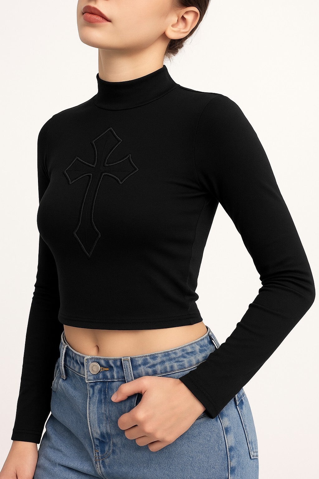 High Neck Gothic Cross Crop Top – Black