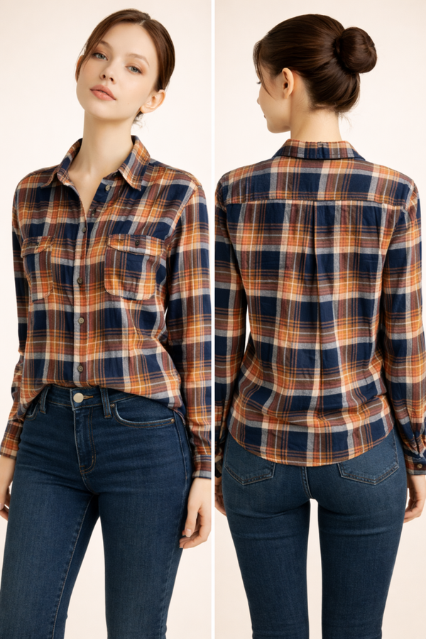 Rust & Navy Plaid Button-Up Shirt