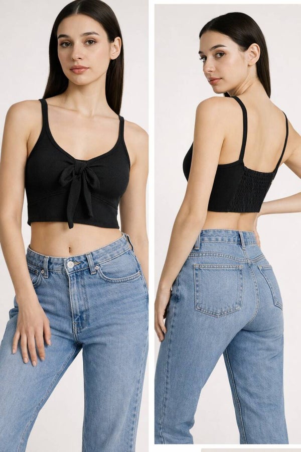 Black Tie-Front Ribbed Crop Top