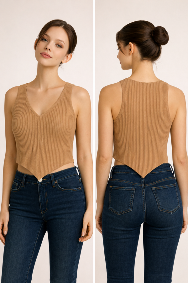 Camel Ribbed V-Neck Crop Top – Asymmetrical Hem Tank