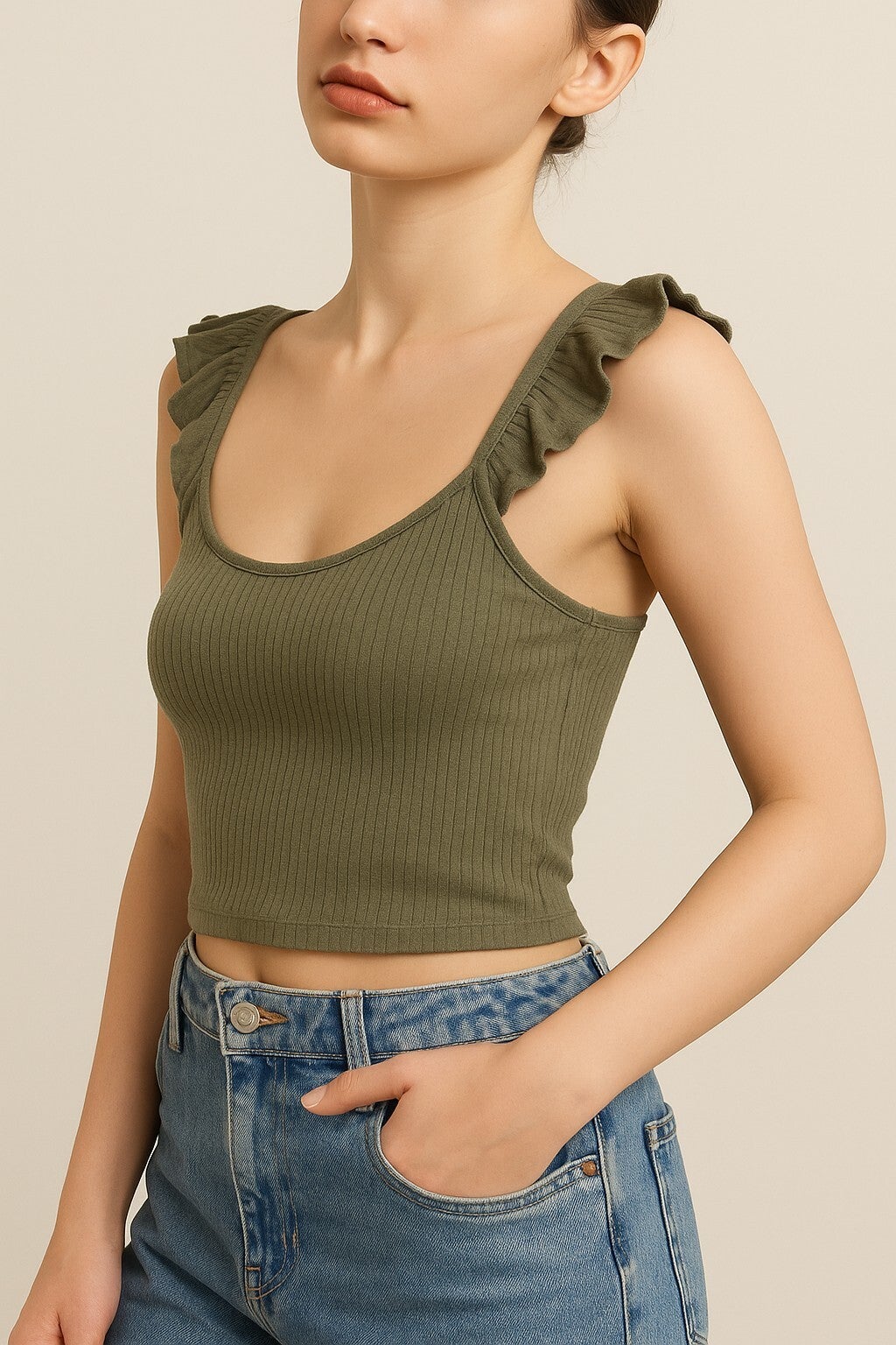 Olive Ribbed Ruffle Strap Crop Tank Top