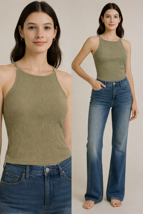 Olive Ribbed High Neck Tank – Fitted Sleeveless Essential