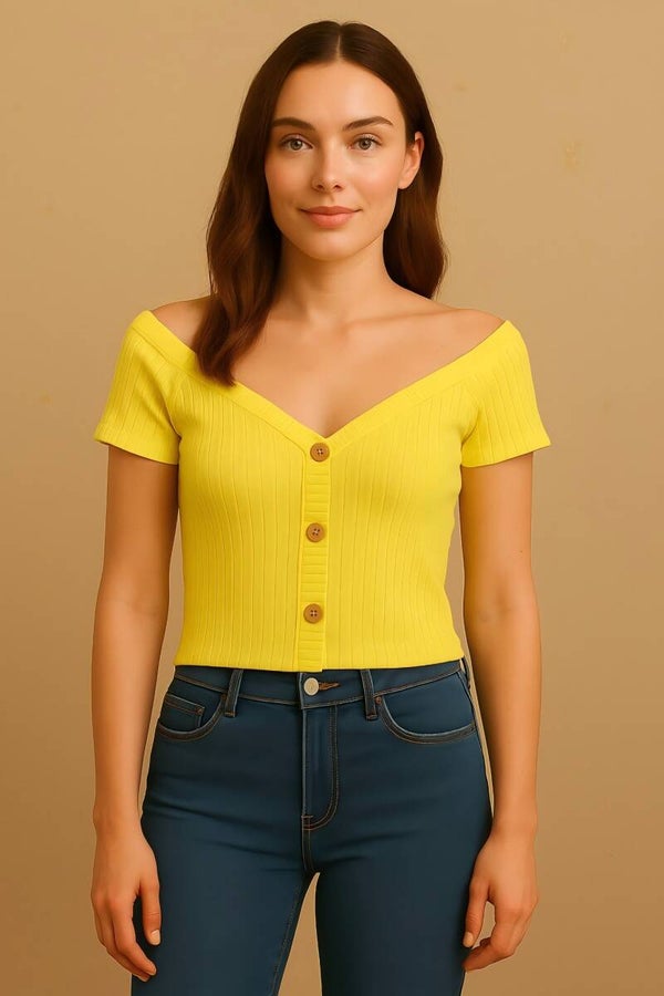 Yellow Ribbed Button Front Off-Shoulder Top