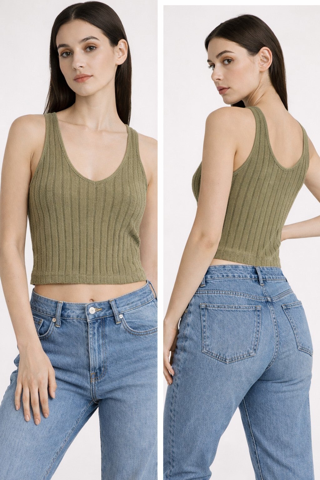 Olive Ribbed Scoop Neck Crop Tank Top