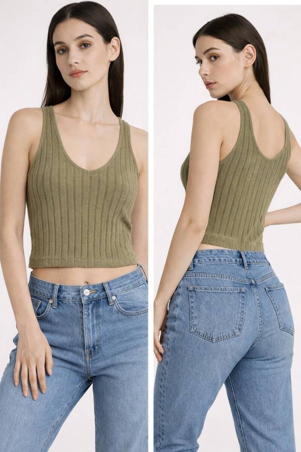 Olive Ribbed Scoop Neck Crop Tank Top