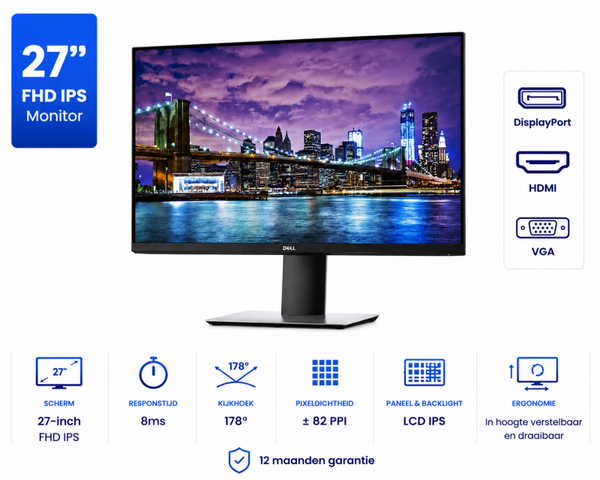 Dell 27-inch P2719H Full HD IPS Monitor In hoogte verstelbaar en draaibaar