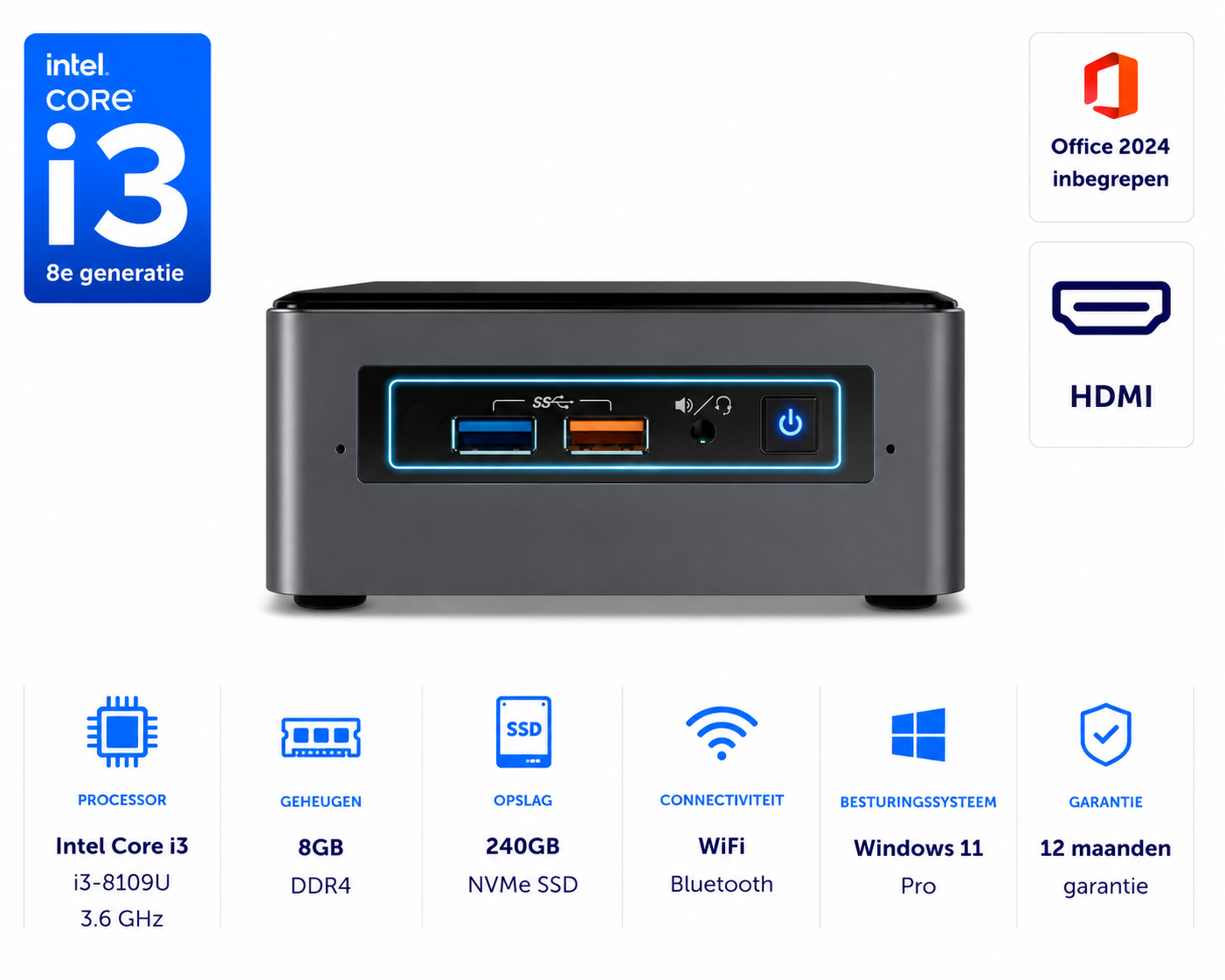 Intel NUC 8BEH i3-8109U 3.6 GHz 8GB DDR4 240GB NVMe WIFI Bluetooth Office 2024