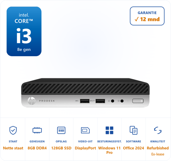 HP Prodesk 400 G4 mini i3-8100T 3.1GHz 8GB DDR4 128GB SSD
