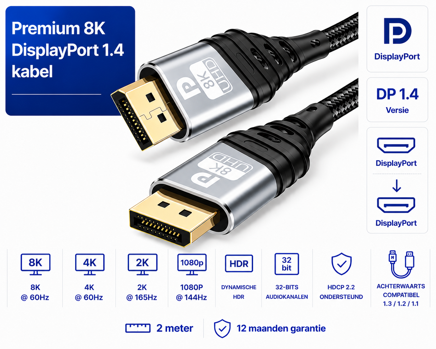 Premium Displayport - Displayport kabel 8K 2 meter