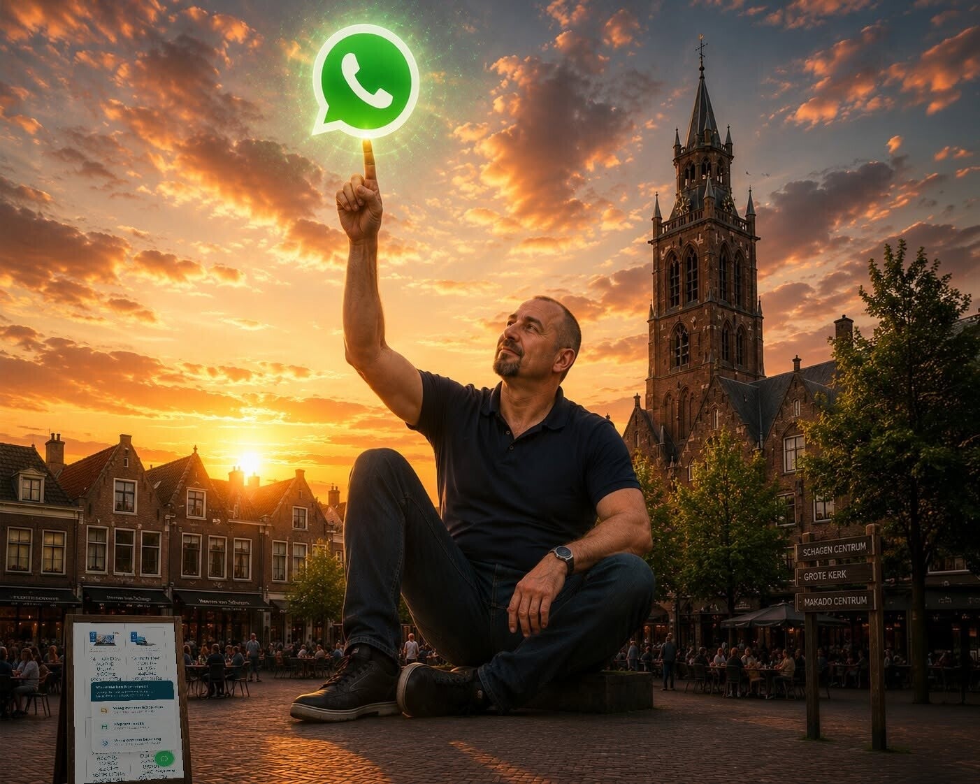 Arend op het plein in Schagen bij zonsondergang, wijzend naar de oplichtende WhatsApp-knop