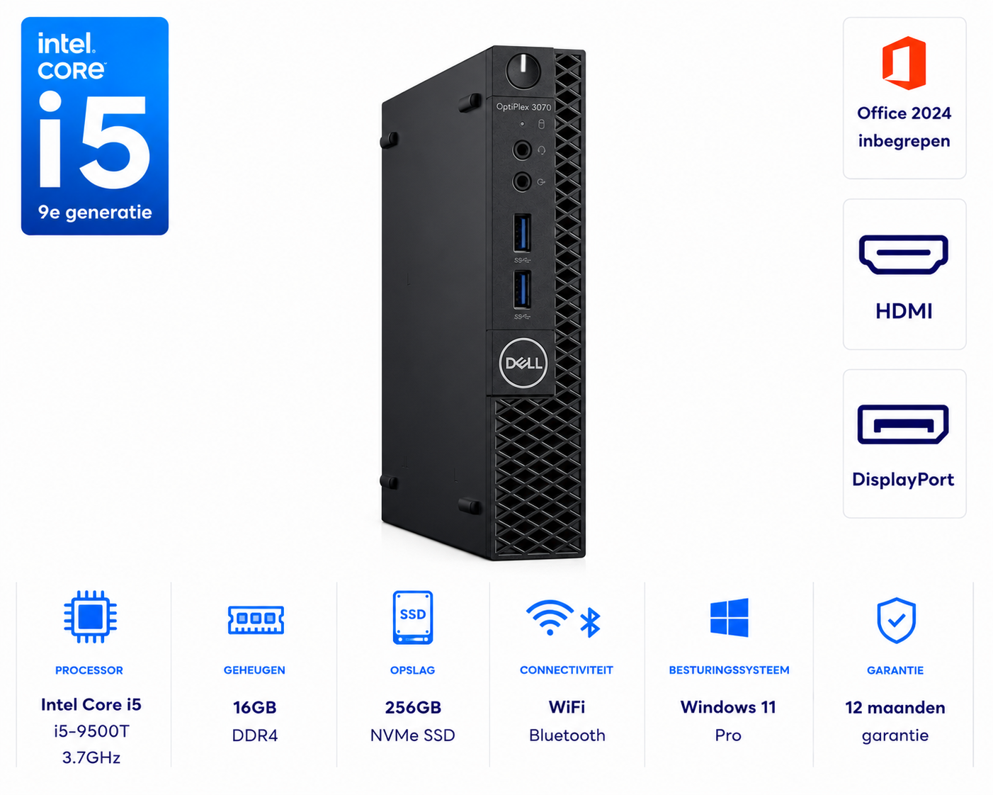 Dell Optiplex 3070 micro i5-9500T 3.7GHz 16GB DDR4 256GB NVMe SSD WIFI Bluetooth Office 2024