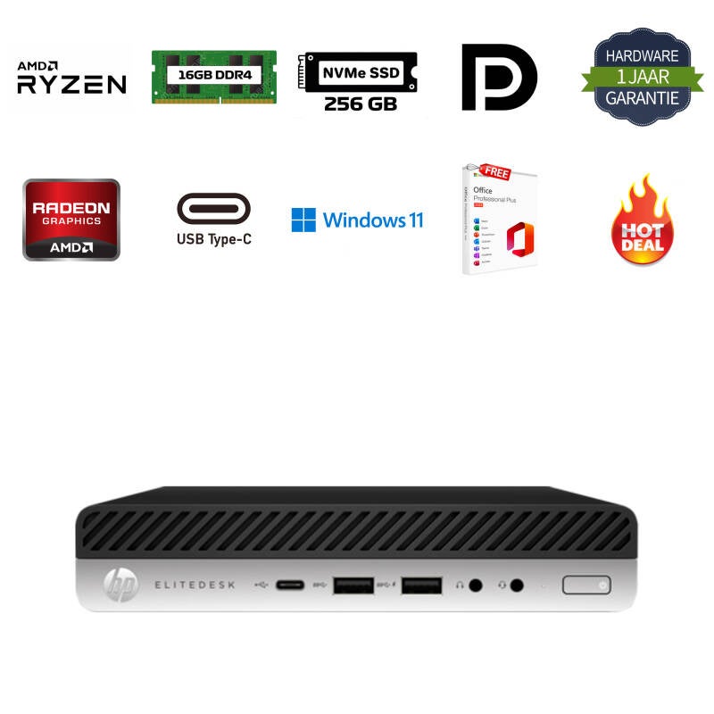 HP Elitedesk 705 G4 mini AMD Ryzen Pro 2400GE 3.8GHz 16GB DDR4 256GB NVMe SSD Office 2024