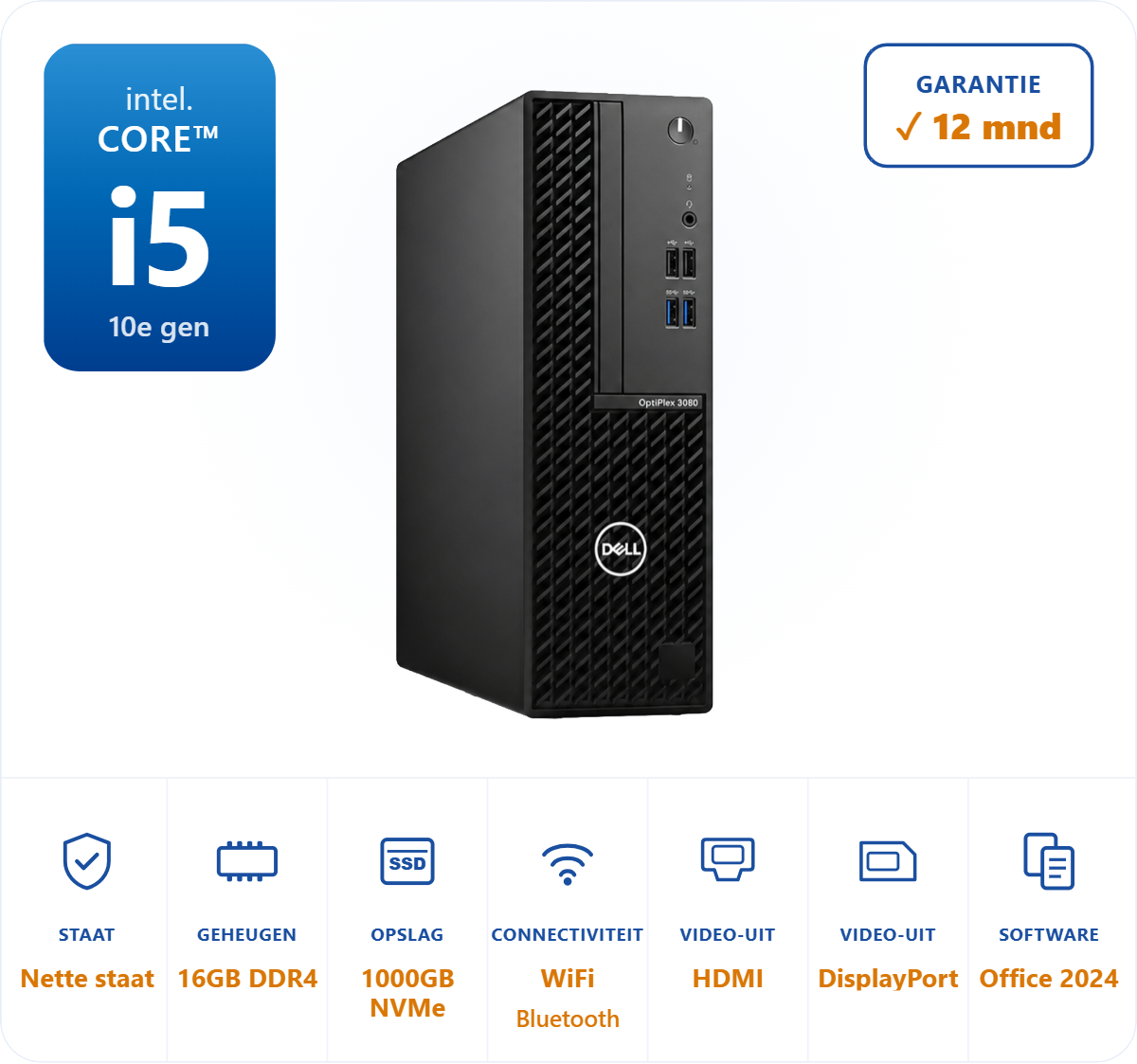 Dell 3080 SFF i5-10500 3.8GHz 16GB DDR4 1000GB SSD WIFI Bluetooth