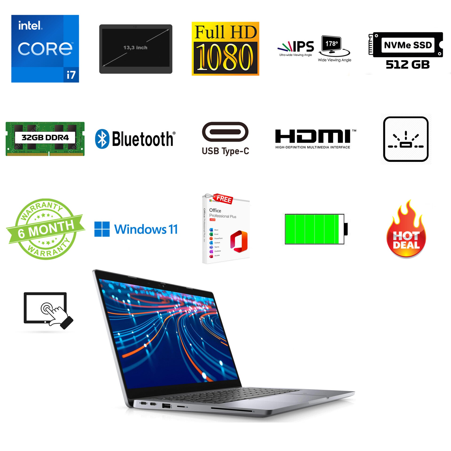 13,3 inch Dell 5320 i7-1185G7 4.8GHz 32GB DDR4 512GB NVMe SSD FHD IPS touchscreen Office 2024