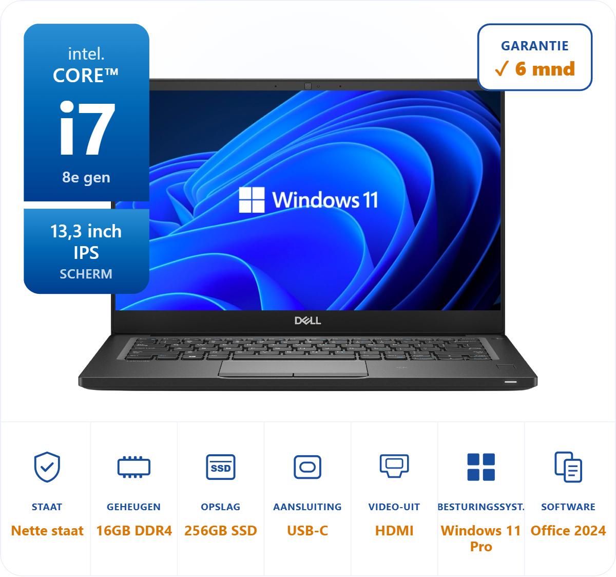 13,3 inch Dell 7390 i7-8350U 3.6GHz 16GB DDR4 256GB SSD Touchscreen