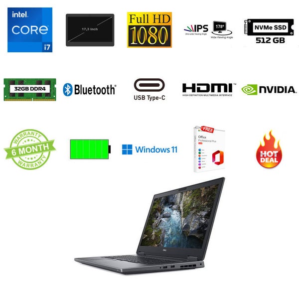17,3 inch Dell precision 7730 i7-8850H 4.3GHz 32GB DDR4 512 NVMe SSD Full HD IPS Office 2024 Nvidia Quadro P5200 16GB