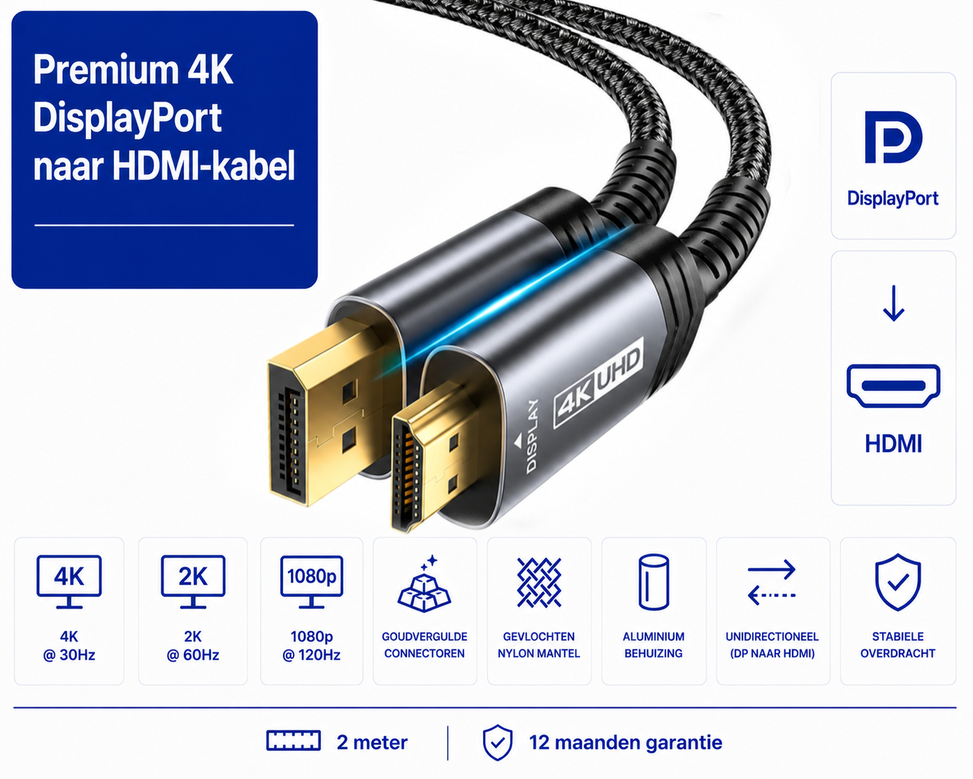 Premium Displayport - HDMI kabel 4K 2 meter
