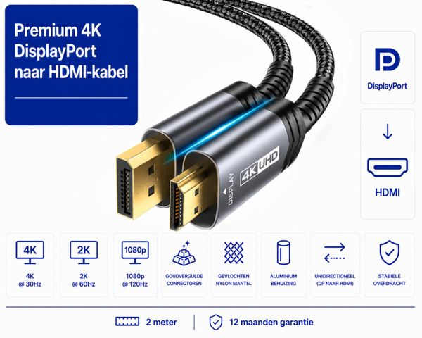 Premium Displayport - HDMI kabel 4K 2 meter
