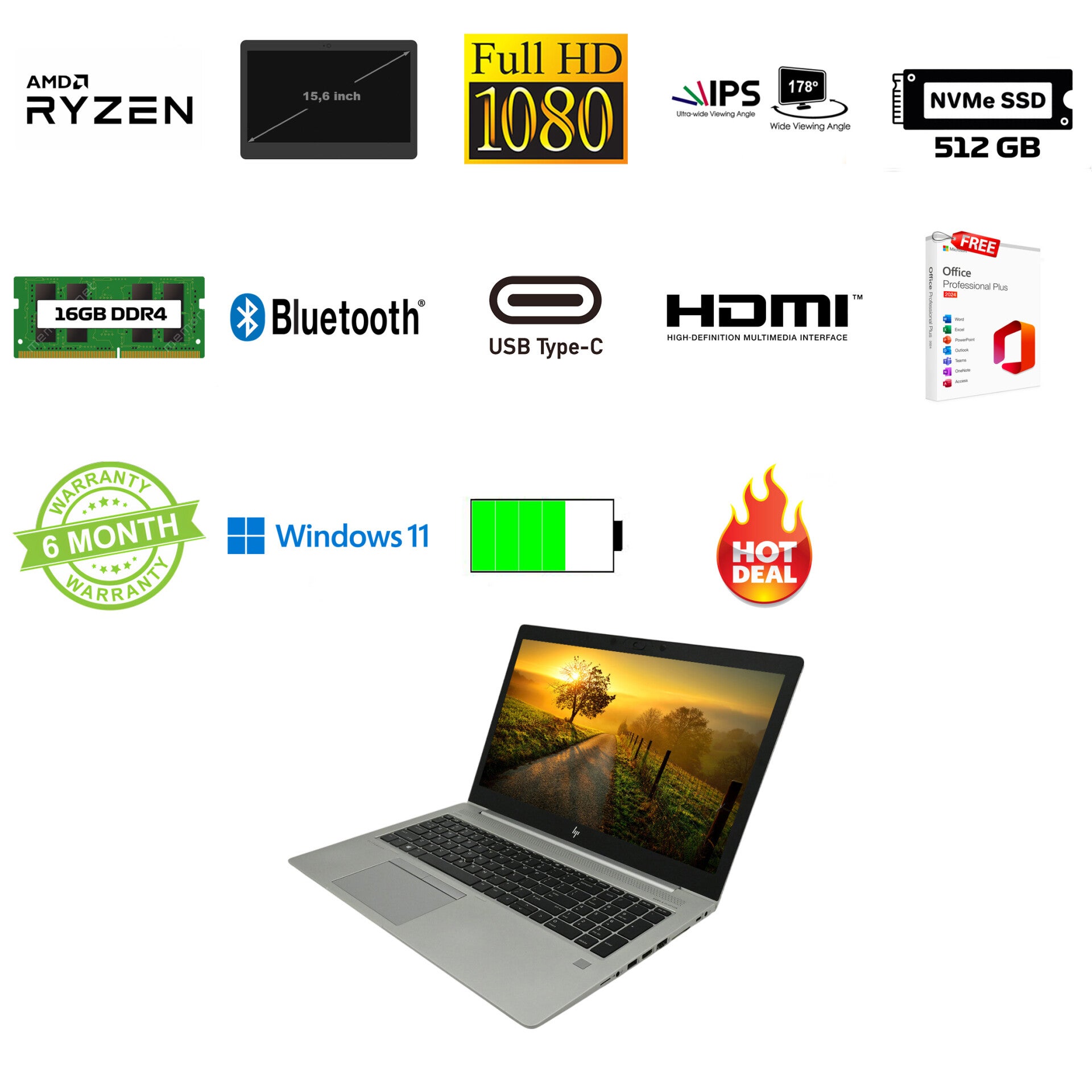 15,6 inch HP Elitebook 755 G5 Ryzen5 pro 2500U 3.6 GHz 16GB 512GB NVMe SSD FHD IPS Office 2024