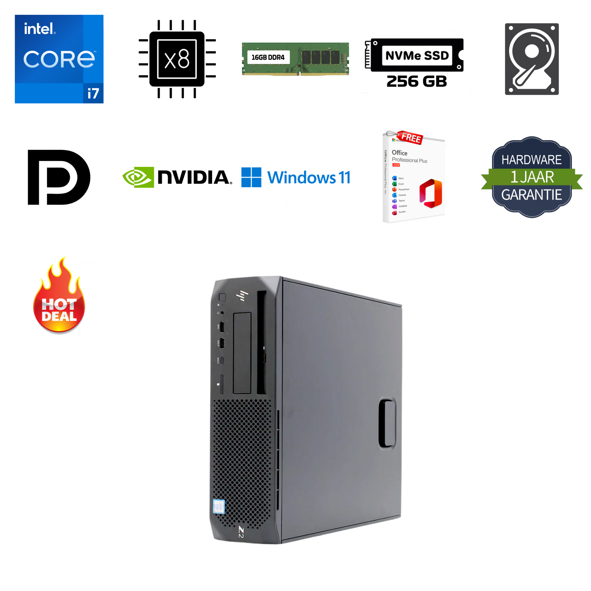 HP Workstation Z2 SFF G4 Intel i7-9700 4.7GHz 16GB 256GB NVMe 500GB HDD Nvidia K620 videokaart Office 2024