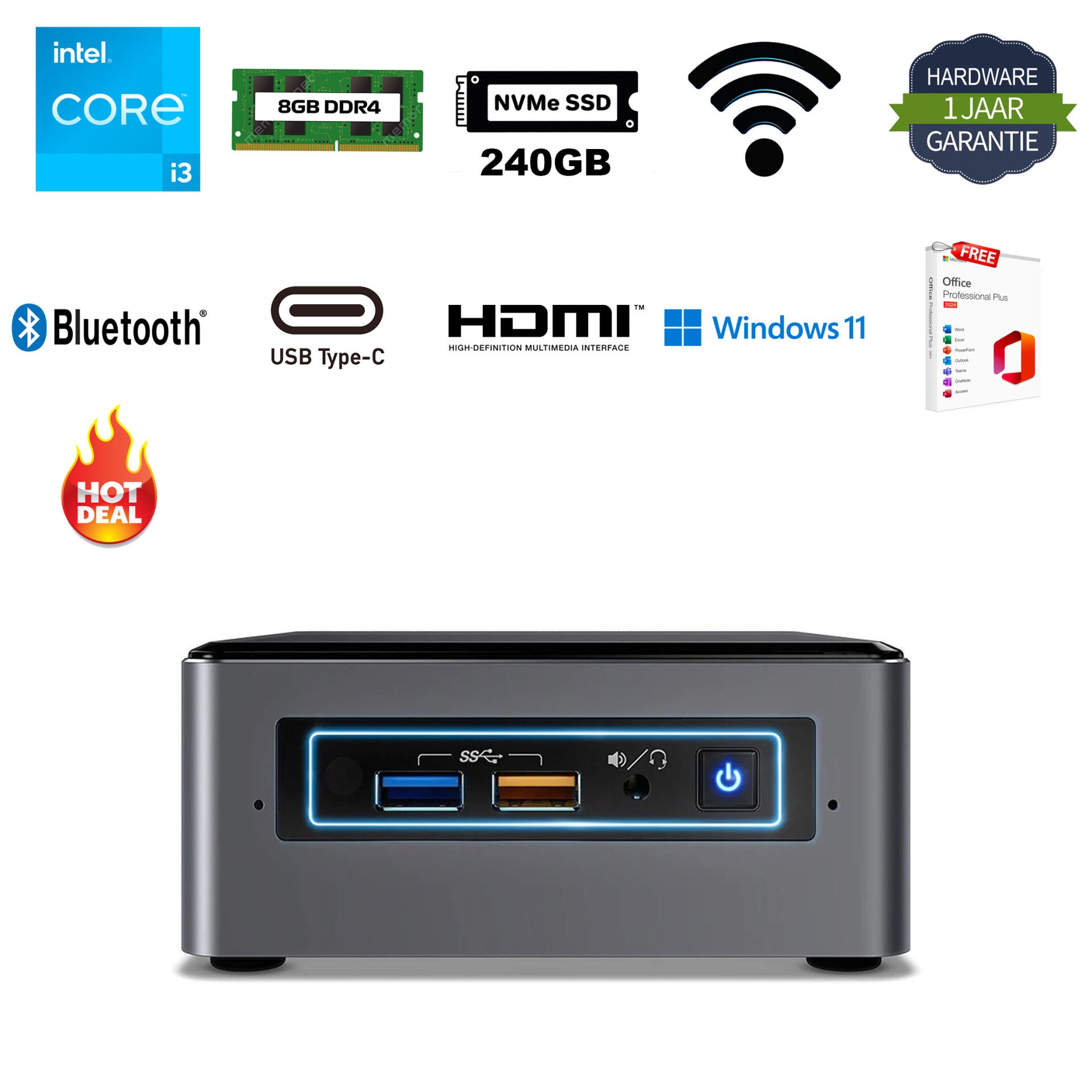 Intel NUC 8BEH i3-8109U 3.6 GHz 8GB DDR4 240GB NVMe WIFI Bluetooth Office 2024