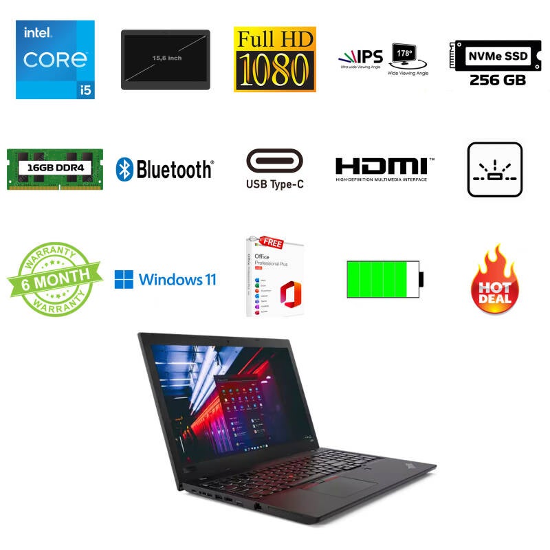 15,6 inch Lenovo L580 i5-8350U 3.6GHz 16GB DDR4 256GB NVMe SSD Full HD  IPS Office 2024