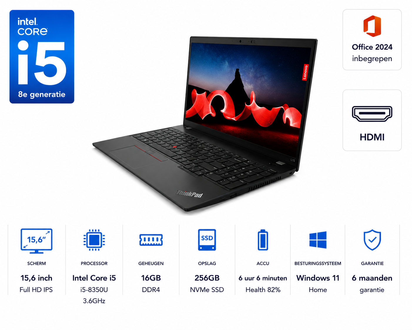 15,6 inch Lenovo L580 i5-8350U 3.6GHz 16GB DDR4 256GB NVMe SSD Full HD  IPS Office 2024