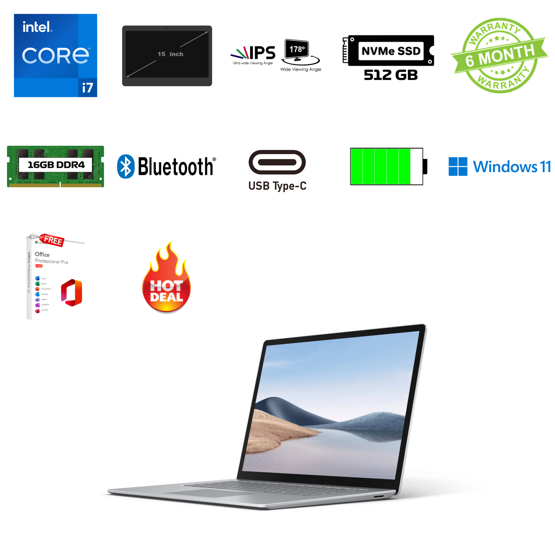 15 inch Microsoft Surface Laptop 4 i7-1185G7 4.8GHz 16GB DDR4 512 NVMe SSD IPS Touchscreen Office 2024
