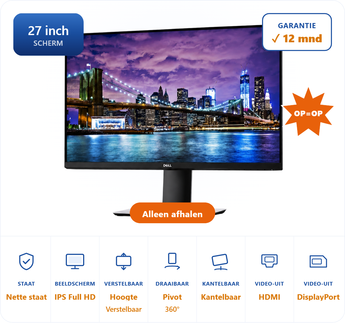 Dell 27-inch P2719H Full HD IPS Monitor In hoogte verstelbaar en draaibaar