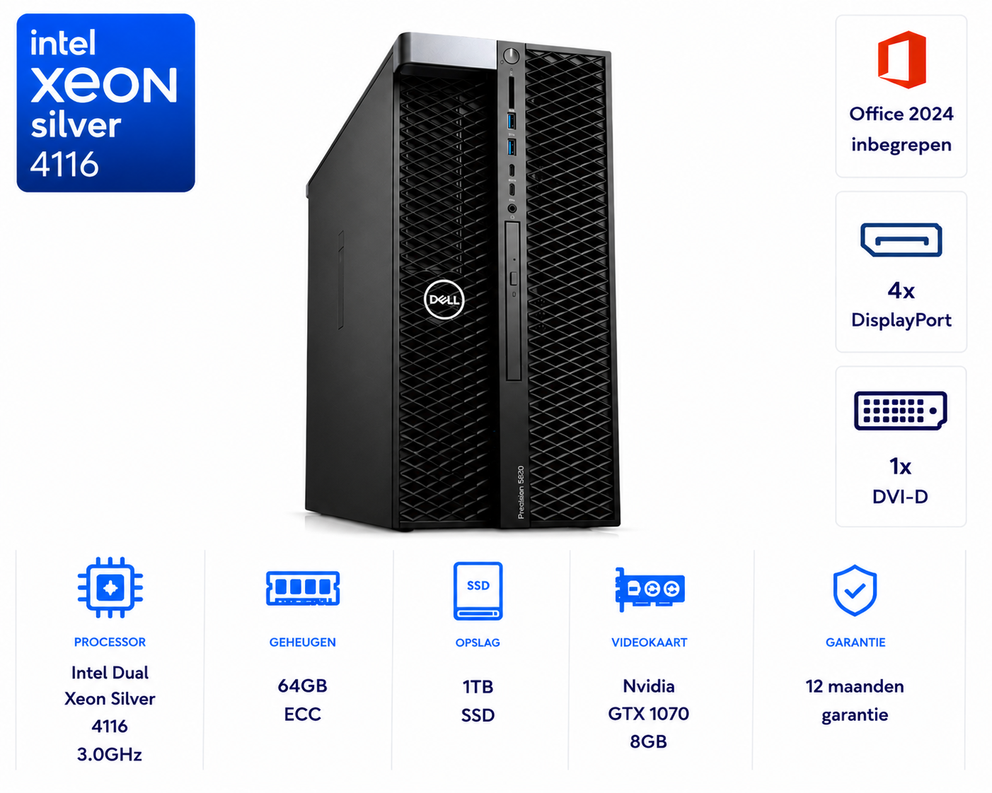 Dell Precision tower 5820 Intel Dual Xeon silver 4116 3.0GHz 64GB ECC 1TB SSD Nvidia GTX 1070 8GB Office 2024
