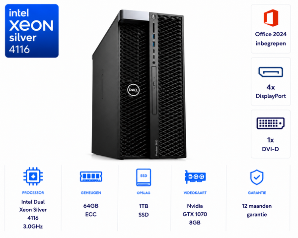 Dell Precision tower 5820 Intel Dual Xeon silver 4116 3.0GHz 64GB ECC 1TB SSD Nvidia GTX 1070