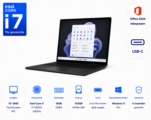 15 inch Microsoft Surface Laptop 5 i7-1185G7 4.8GHz 16GB DDR4 512GB SSD QHD Touchscreen + Dockingstation