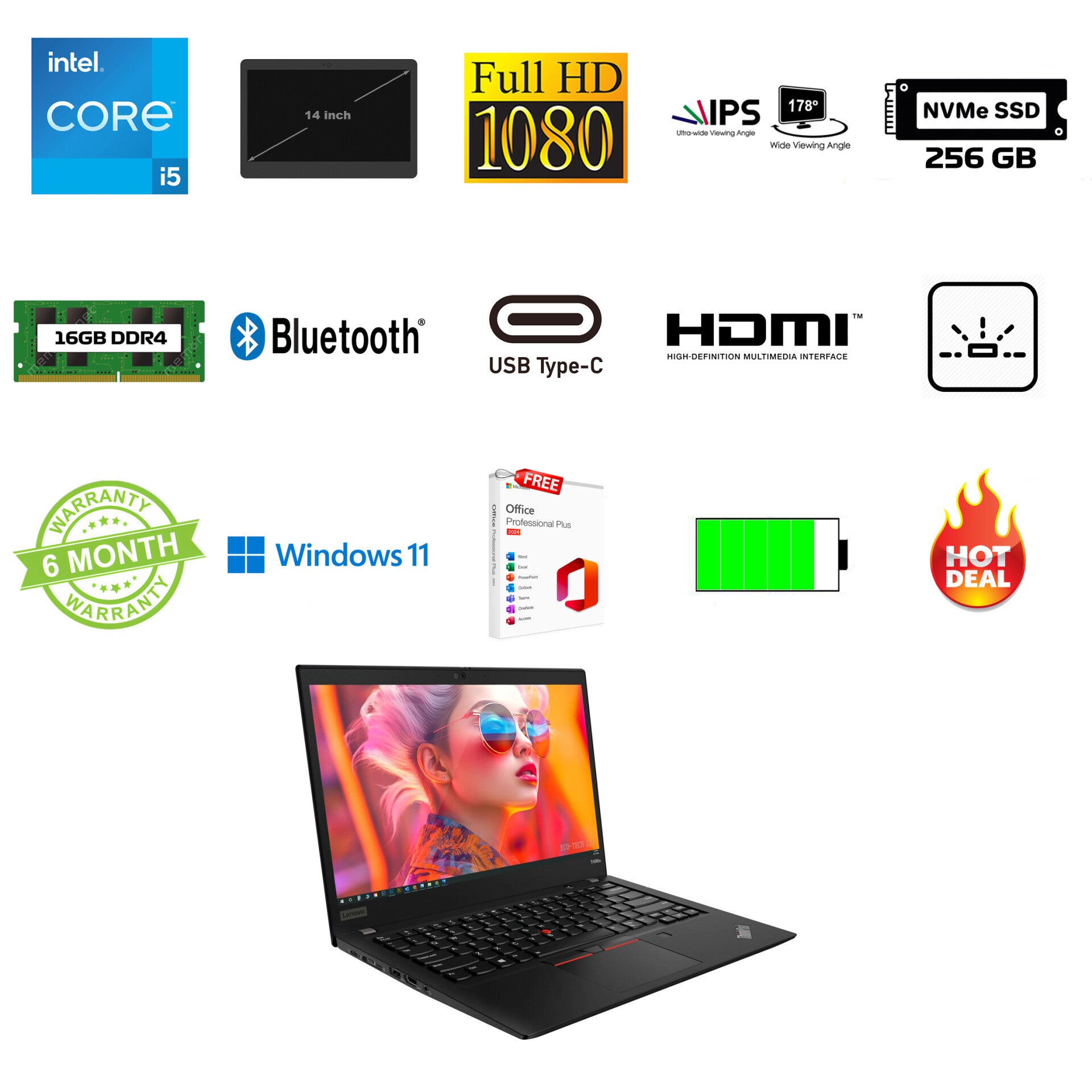 14 inch Lenovo T490 i5-8265U 3.9 GHz 16GB DDR4 256GB SSD Full HD IPS Office 2024