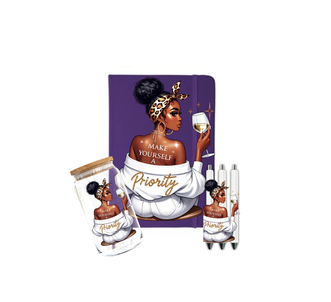 Journal, Pen and Libby Glass Set (Make yourself a Priority)
