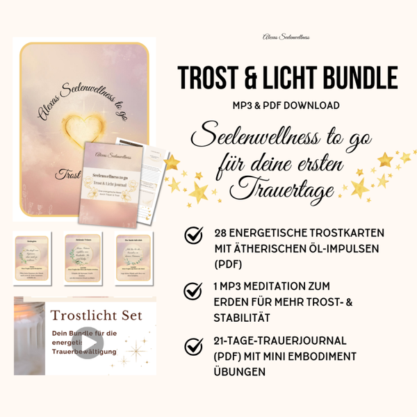 Seelenwellness to go für deine ersten Trauertage. Ein energetisches Journal, mit Orakelkärtchen, ätherischen Öl-Impulsen & Kraft gebender Meditation zum Downloaden