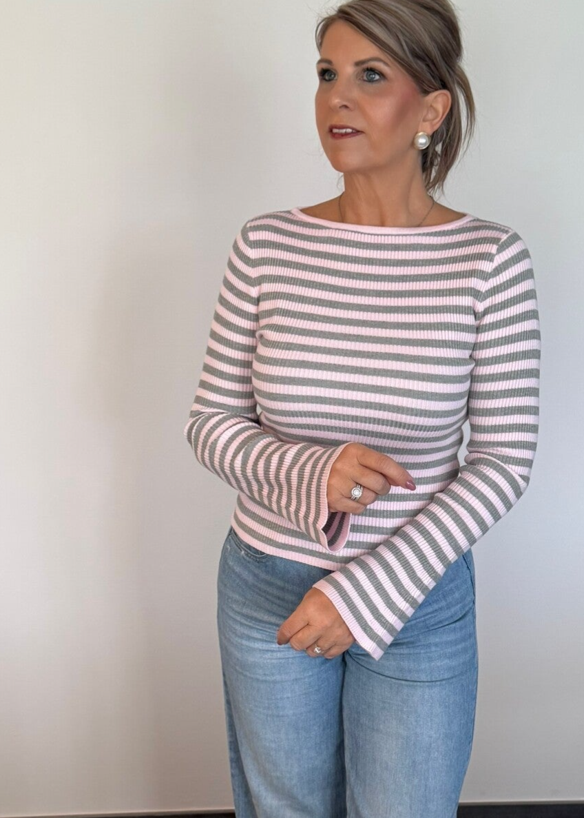 Basic t-shirt rekbaar met uitlopende mouw gestreept