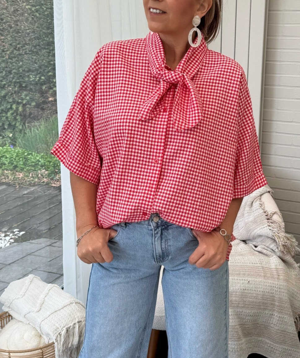 Blouse vichy ruitje met lintje aan de hals Maru