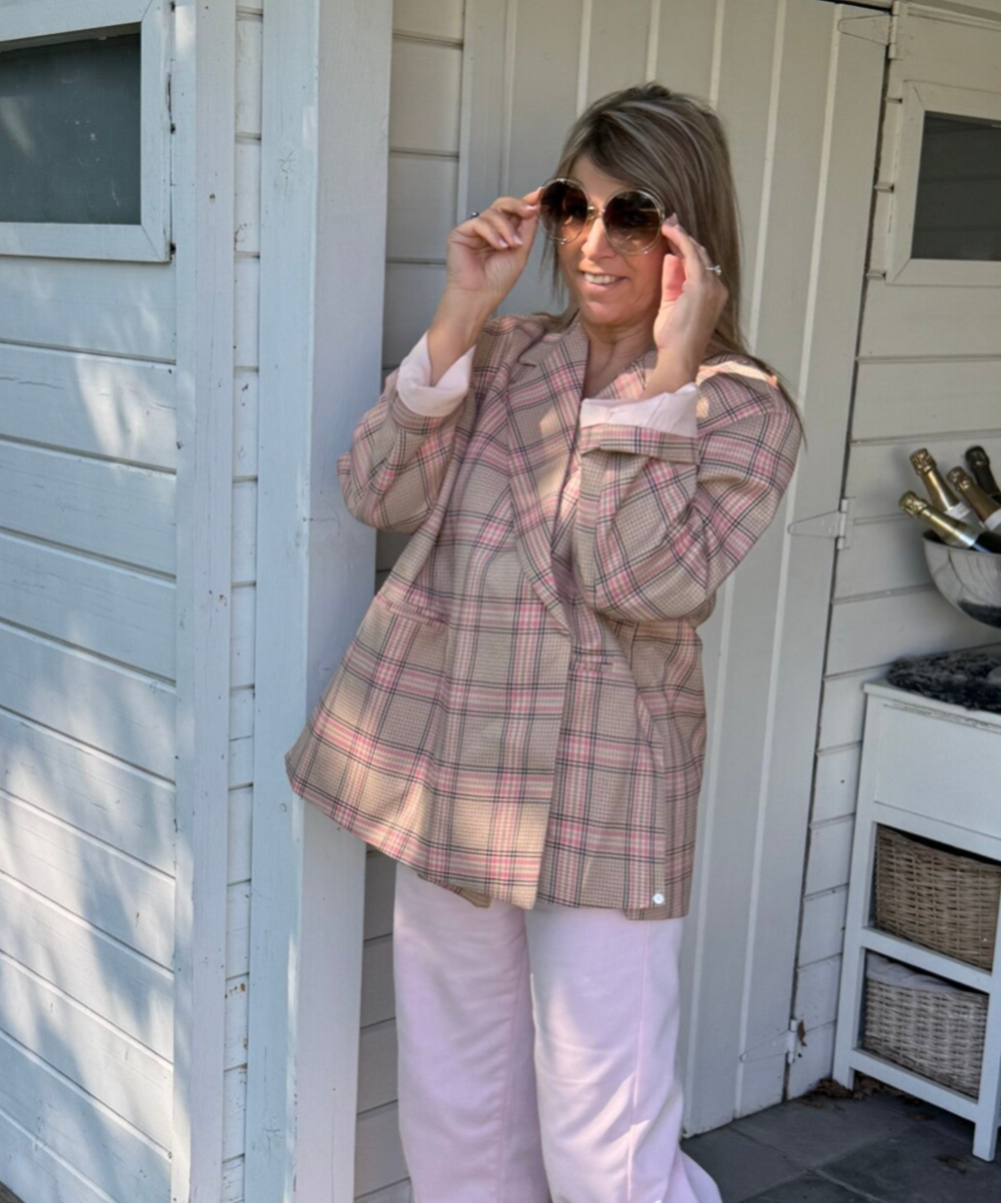 Oversized blazervest pink/beige ruitje