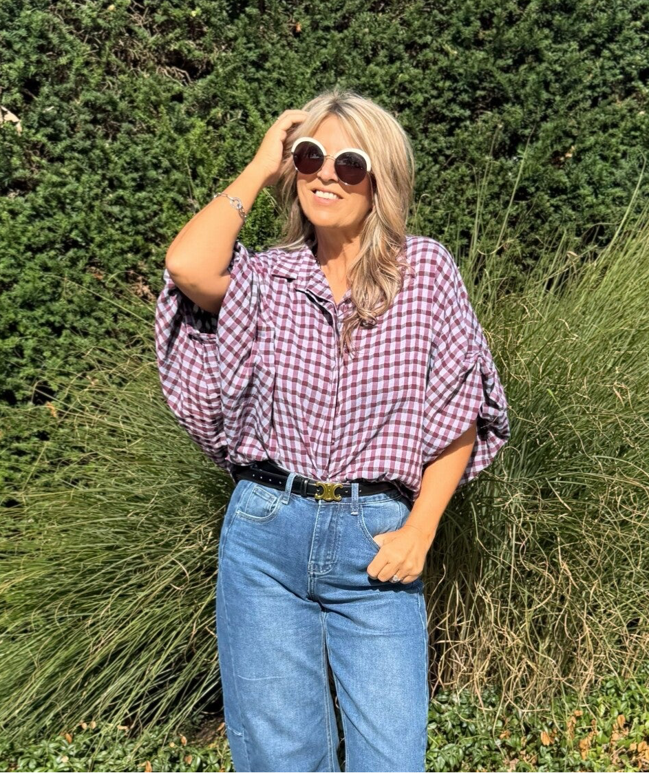 blouse geruit grijs bordeaux met ballonmouwen