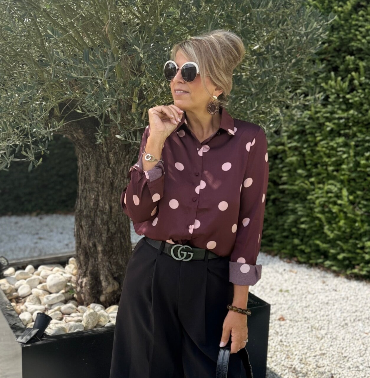 Burgundi blous met pink dots