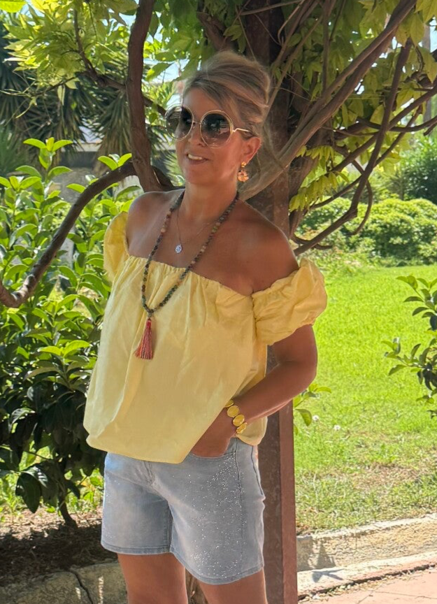 Strapless blouse geel