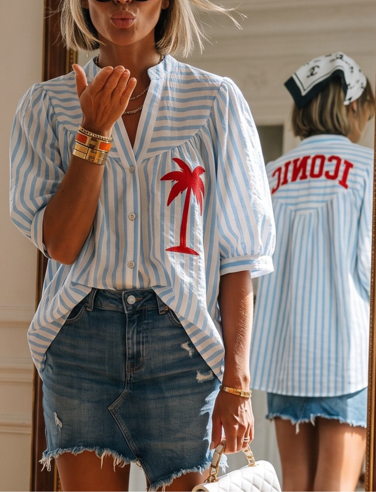 Blouse lichtblauw met iconic op de rug