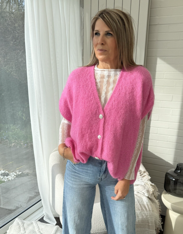 Mohair knit met knoopjes bonbon pink Britt