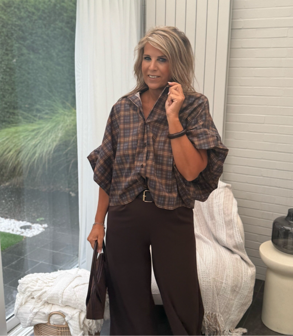 Geruite  blouse met ballonmouw bruin